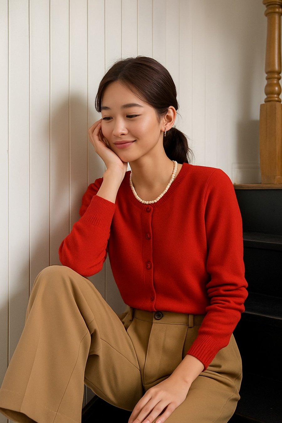 Khi sự nổi bật gặp tinh tế – cardigan đỏ và phụ kiện ngọc trai khiến mọi ánh nhìn phải dừng lại.