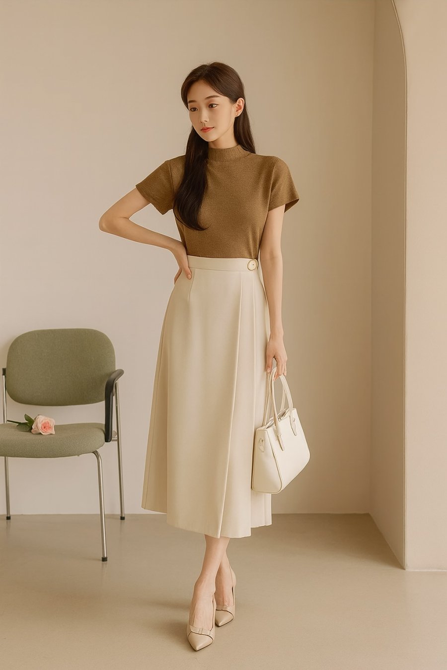 Áo len tăm cộc tay màu nâu đất phối cùng chân váy dáng A màu kem – set đồ vừa ấm áp vừa tối giản, hoàn hảo cho những ngày thu se lạnh.