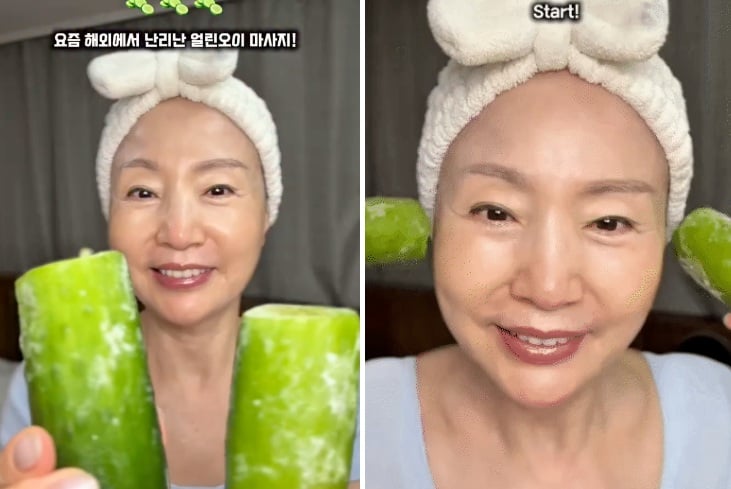  Bí quyết được bà kiên trì thực hiện suốt nhiều năm chính là lăn da bằng dưa chuột lạnh — một phương pháp đơn giản nhưng mang lại hiệu quả bất ngờ.