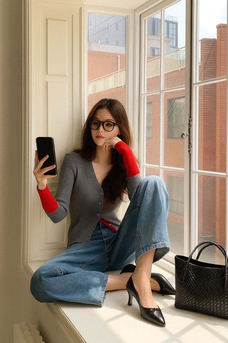 Sang trọng trong từng bước đi: Giày cao gót mũi nhọn phối cùng áo len ôm và quần jeans rộng, vừa tôn dáng vừa giữ được sự hiện đại, thời thượng.