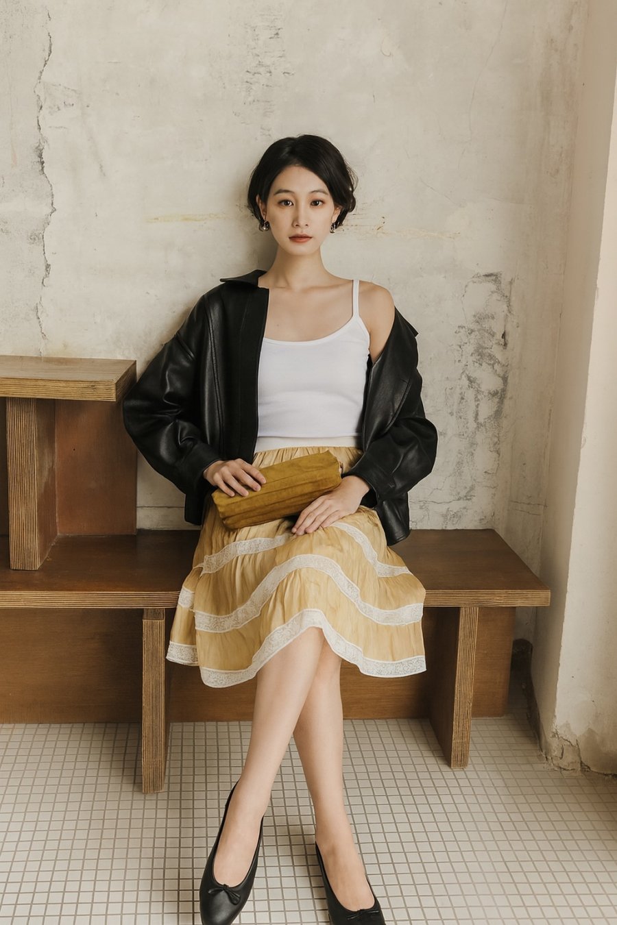 Phong cách dịu dàng những ngày se lạnh: Giày búp bê đen đơn giản kết hợp váy midi xếp tầng và áo khoác da tạo nên tổng thể nhẹ nhàng, tinh tế nhưng vẫn rất cá tính.