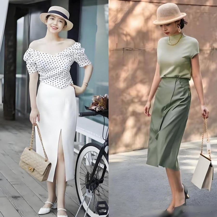 Vì váy đã có điểm nhấn ở phần xẻ, phần áo nên chọn kiểu đơn giản như cổ tròn, cổ V nhẹ hoặc sơ mi buộc nơ nhỏ. 