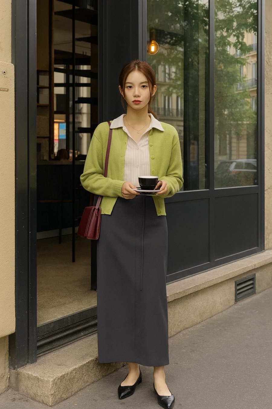 Chân váy dài tối màu – nét nữ tính tinh tế giữa tiết trời se lạnh.