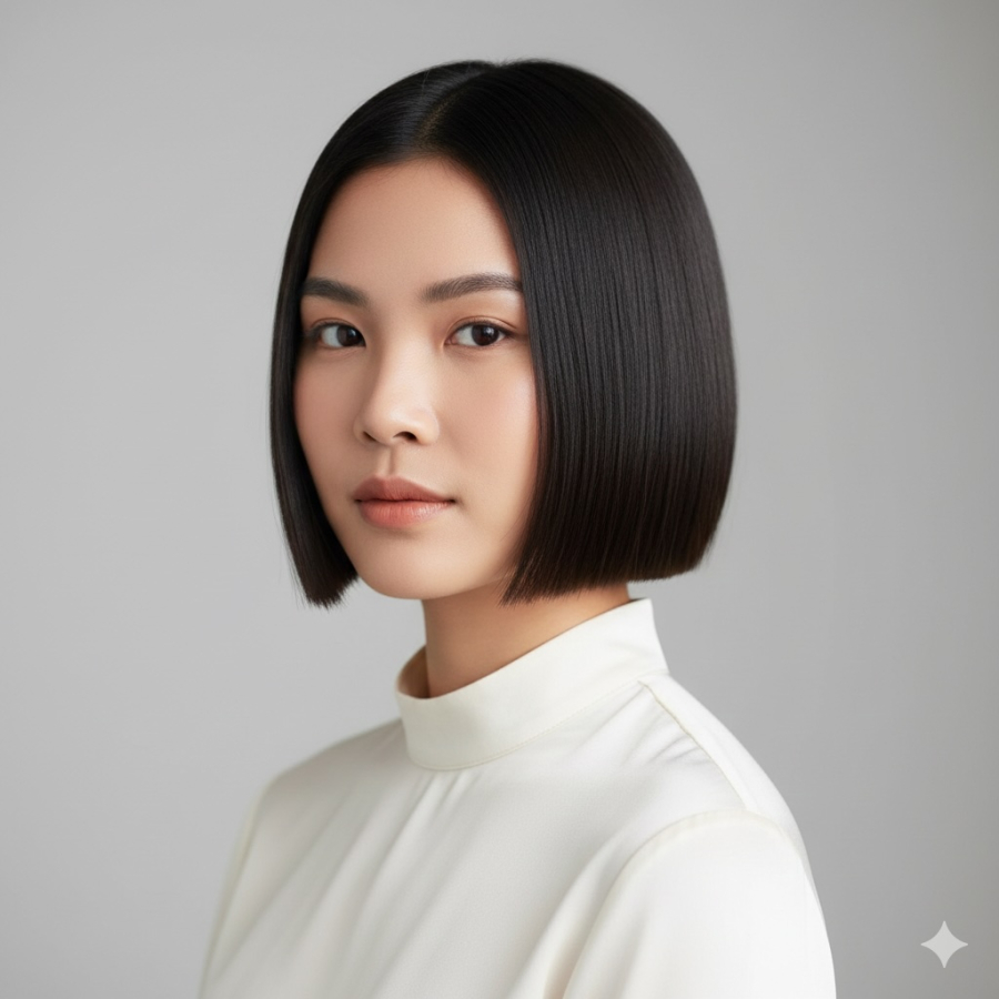 Tóc cắt bằng tối giản, dễ giữ nếp suốt cả ngày.