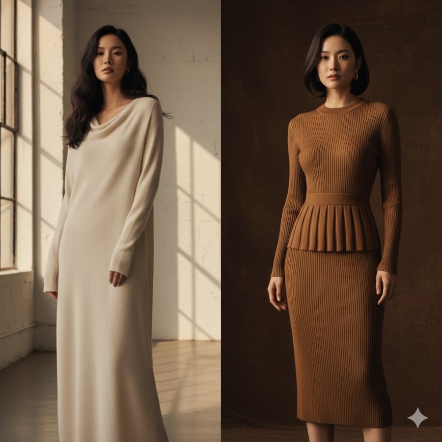 Váy nỉ suông thẳng khiến vóc dáng trông “lọt thỏm” và thiếu đường cong tự nhiên, trong khi váy chiết eo tạo phom chuẩn, thanh thoát hơn.