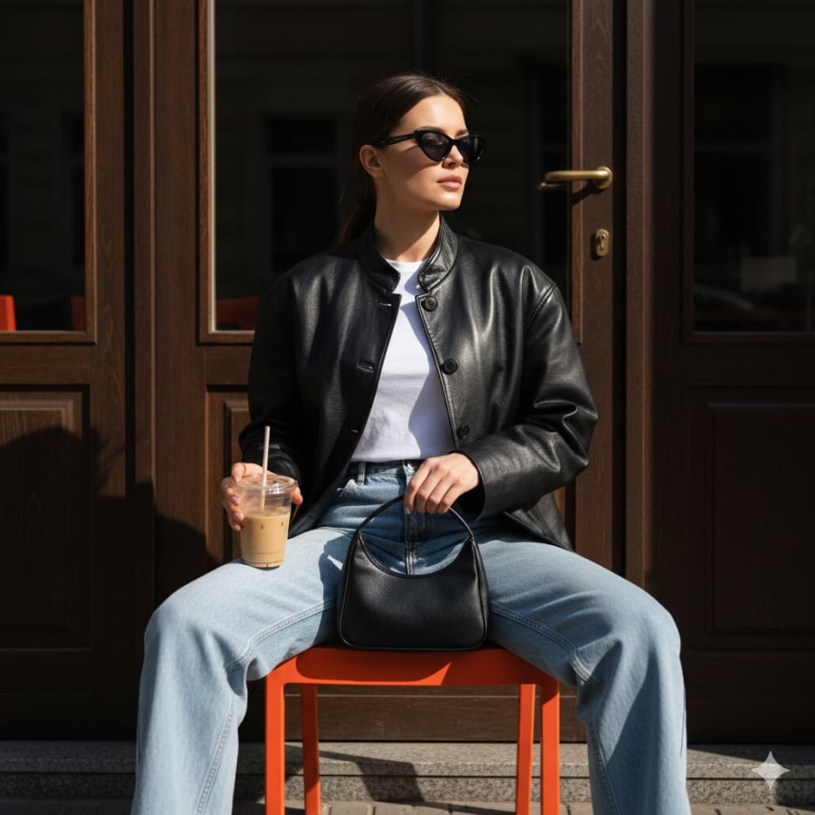 Áo khoác da và quần jeans là sự kết hợp mang tính kinh điển trong thời trang mùa lạnh