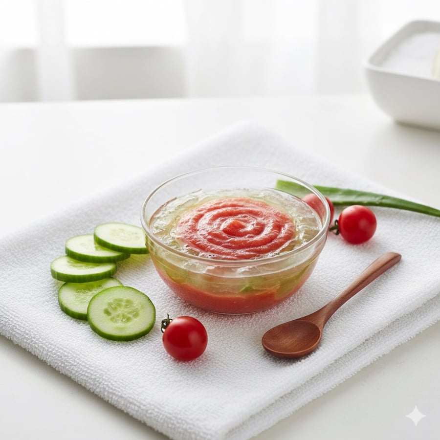 Sử dụng nha đam, cà chua và dưa chuột trực tiếp lên da giúp làm dịu, cấp ẩm và cải thiện độ mềm mịn của da khô.