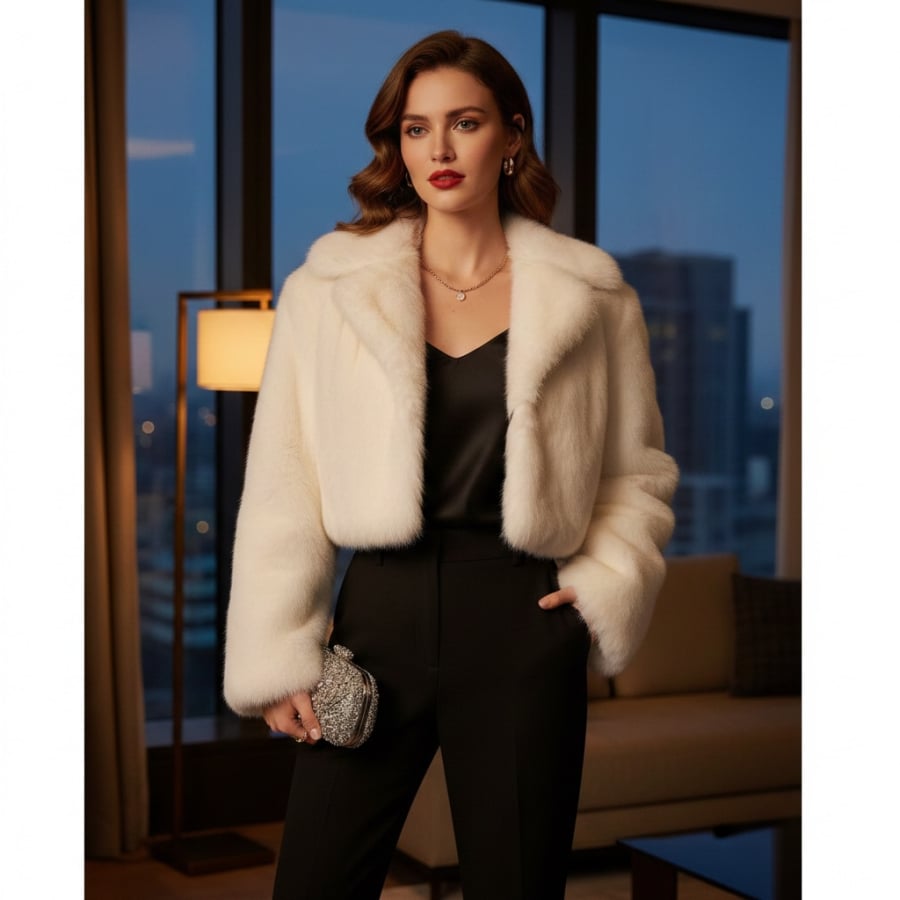 Áo khoác lông dáng lửng mang lại hiệu ứng sang trọng rõ rệt mà không làm “nuốt” chiều cao.