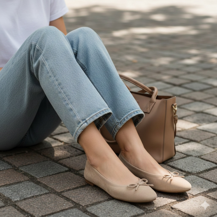 Giày búp bê giúp outfit trông mềm mại, gọn gàng và trẻ ra rõ rệt dù cách phối rất đơn giản.