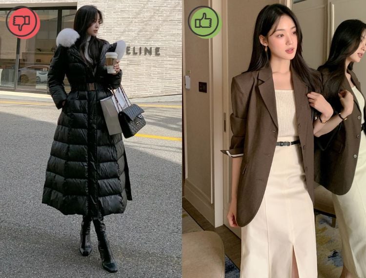 Phần vai rộng và phom áo phồng khiến cơ thể trông to ngang, thấp hơn thực tế và thiếu sự gọn gàng.