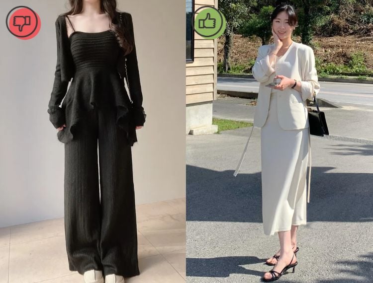 Khi mặc cả set, đặc biệt là len mỏng, tổng thể dễ mất đi sự sắc nét và làm lộ nhược điểm hình thể.