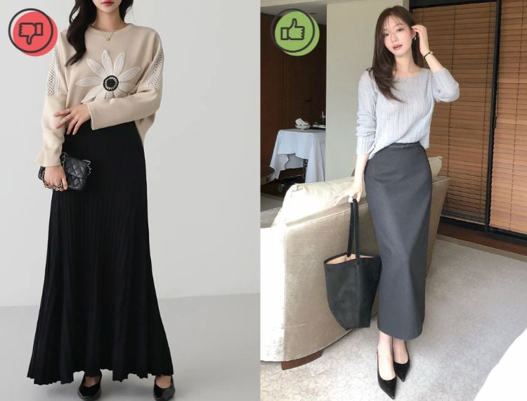 Chân váy dài luôn mang lại cảm giác nữ tính, nhưng độ dài vượt quá mắt cá chân lại là yếu tố dễ khiến vóc dáng trông thấp đi. 