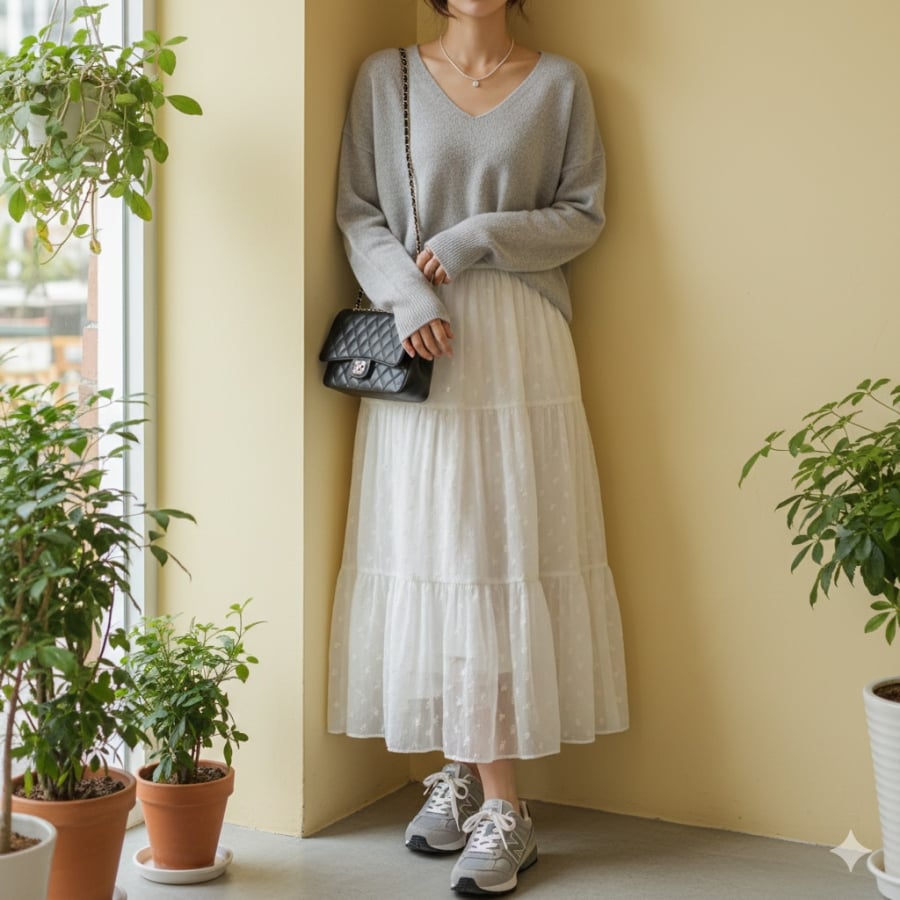 Khi nhiệt độ giảm, áo len dài tay gần như trở thành “người bạn quen mặt” của chân váy chữ A