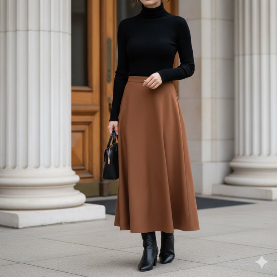 Chân váy chữ A không chỉ gắn với phong cách dịu dàng mà còn có thể trở nên năng động khi kết hợp cùng áo thun dài tay